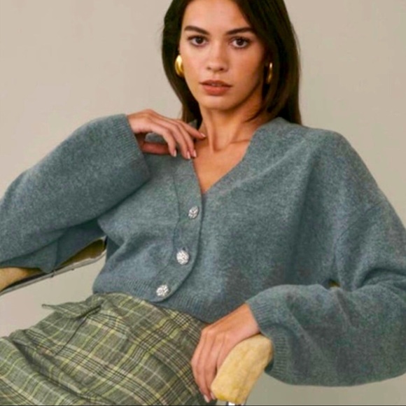 Reformation Sweaters - Reformation Val East Crop Wool Cardigan in Mid Grey w/ Rhinestone Buttons